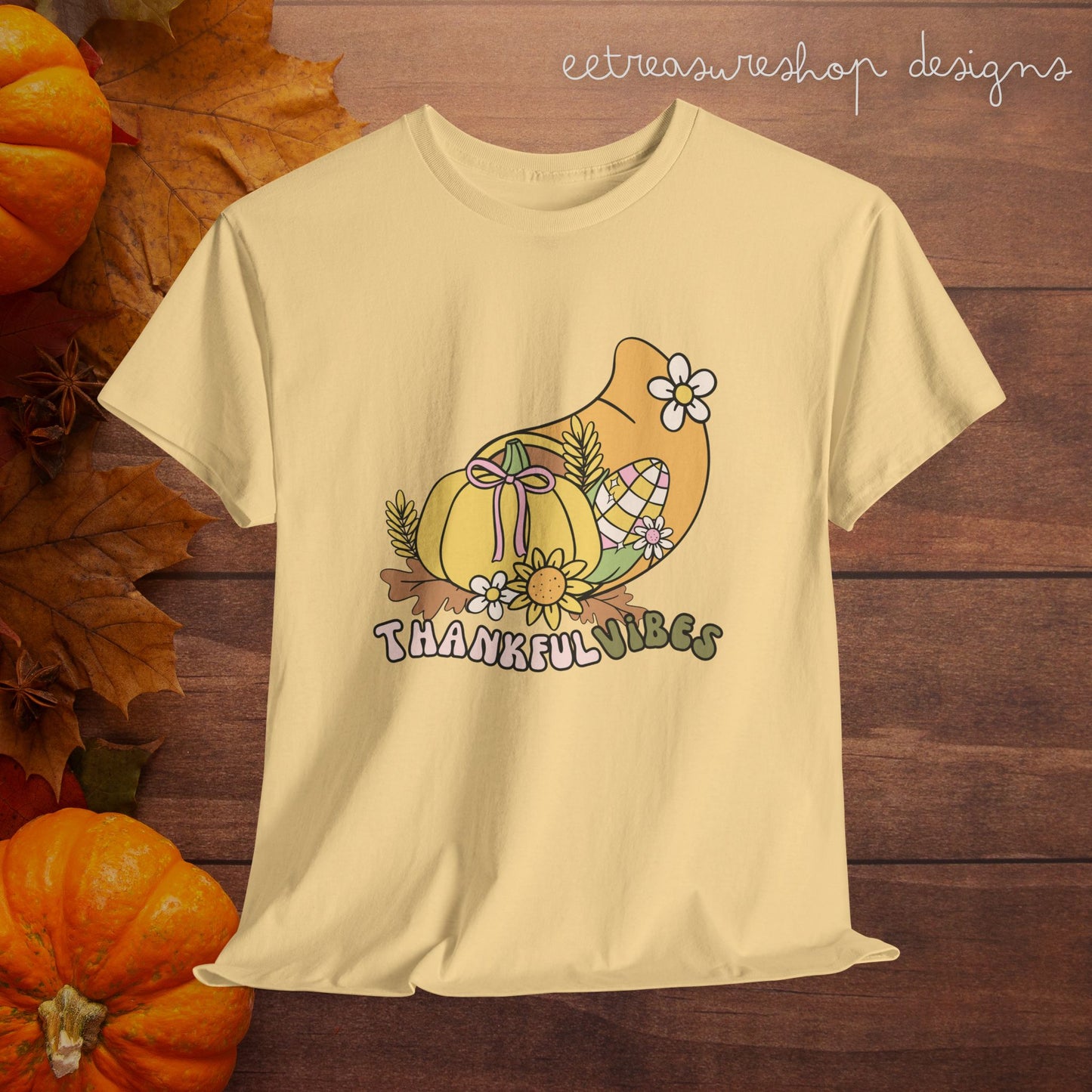 Thankful Vibes Unisex Heavy Cotton Tee, Pumpkin Bow Autumn Tshirt, Cute Thanksgiving Shirt, Fall Graphic Top, Grateful Tee, Harvest Festival