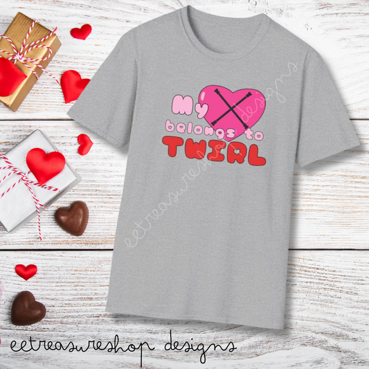 My Heart Belongs to Twirl Unisex Softstyle T-Shirt, Baton Twirler Valentines Day T-Shirt, Gift for Her for Valentines Day