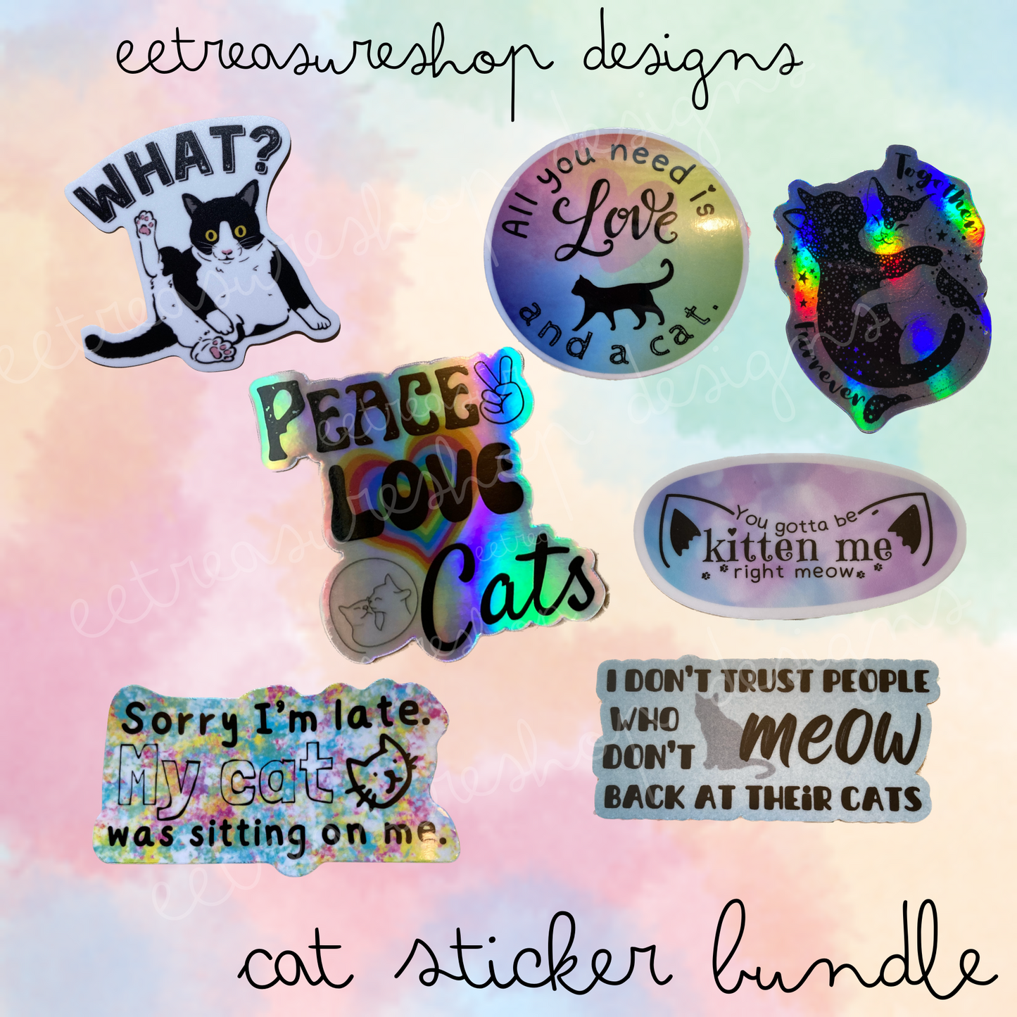 Cat Lover Vinyl Waterproof Stickers, 7 Sticker Bundle