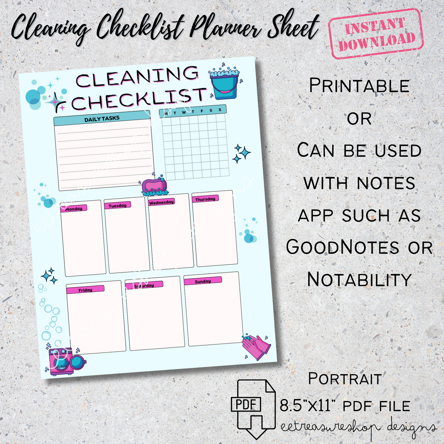 Cleaning Checklist Printable PDF, Digital Download, GoodNotes Cleaning Sheet, iPad Planner