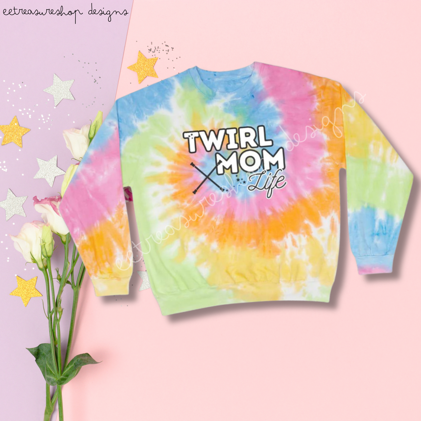 Twirl Mom Life Unisex Tie-Dye Sweatshirt, Rainbow Pink Blue Tie-Dye, Majorette Mom Gift, Baton Twirler Mom Gift