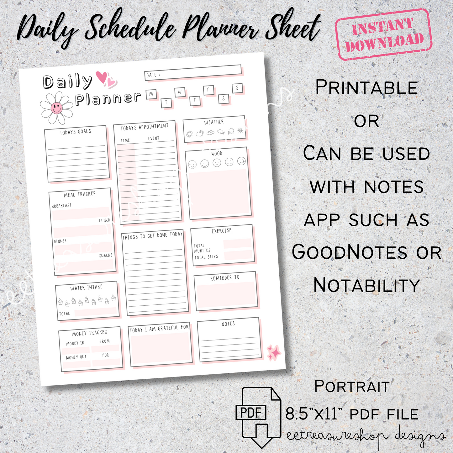Daily Schedule Planner Printable PDF, Planner Digital Download, GoodNotes Planner, iPad Planner