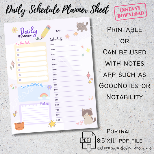 Daily Schedule Planner Printable PDF, Planner Digital Download, GoodNotes Planner, iPad Planner