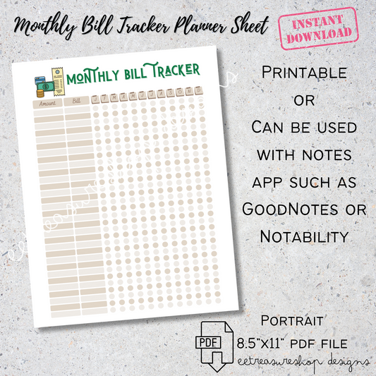 Monthly Bill Tracker Sheet Printable PDF, Budget Planner Digital Download, GoodNotes Budget Sheet, iPad Budget Planner