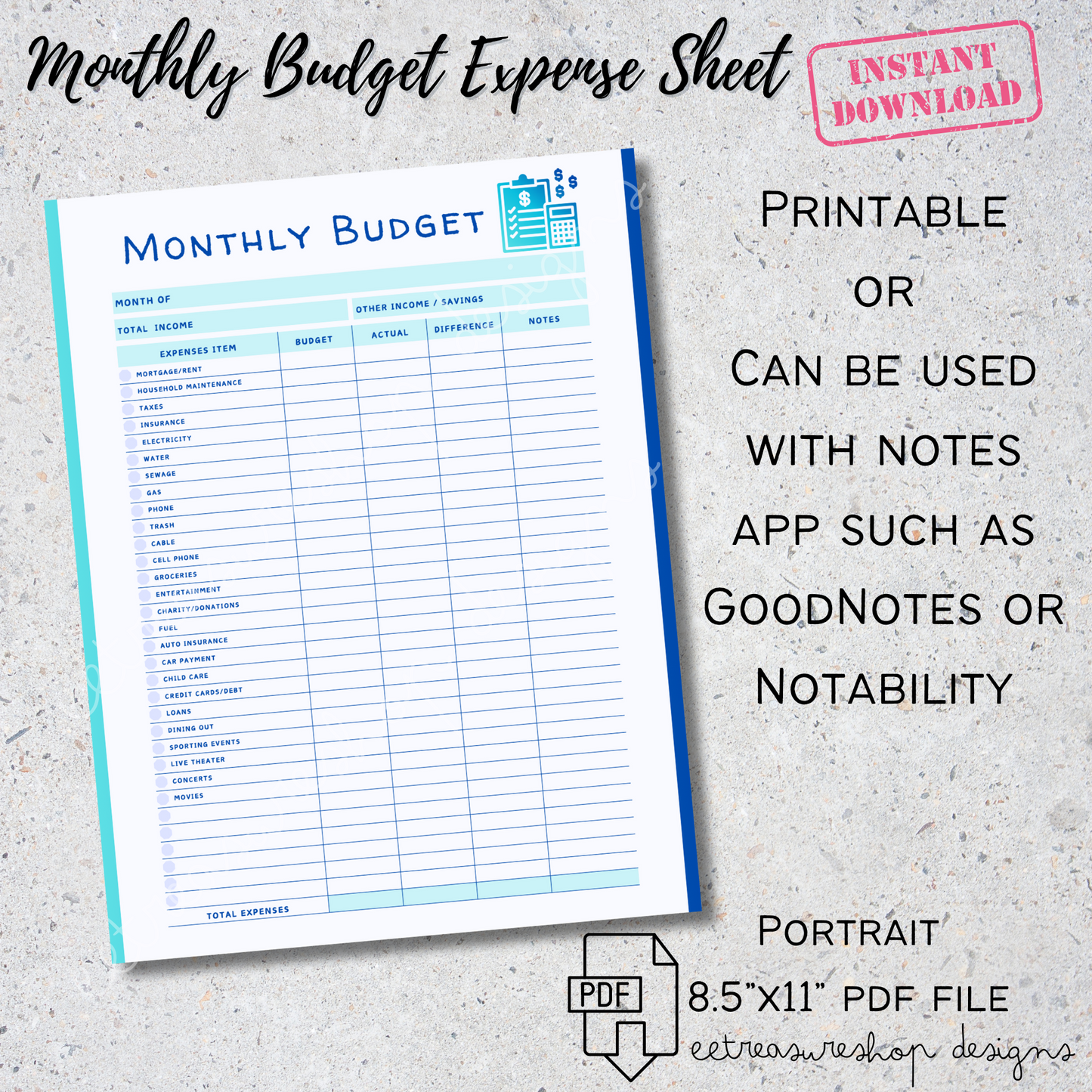 Monthly Budget Expense Sheet Printable PDF, Budget Planner Digital Download, GoodNotes Budget Sheet, iPad Budget Planner
