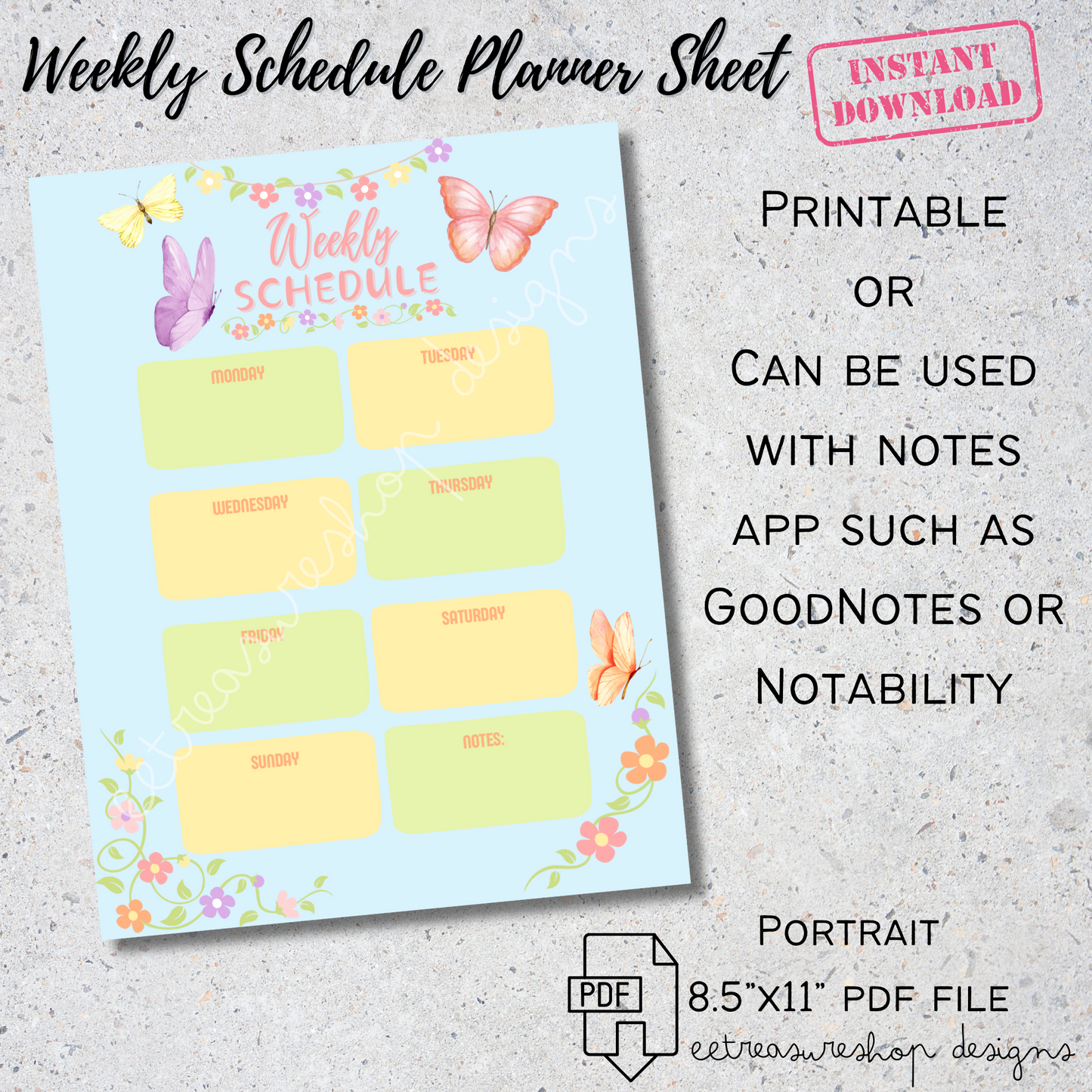 Weekly Schedule Planner Printable PDF, Planner Digital Download, GoodNotes Planner, iPad Planner