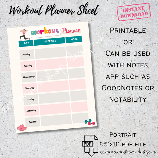 Workout Planner Sheet Printable PDF, Weekly Exercise Checklist Planner Digital Download, GoodNotes Workout Planner Sheet, iPad Planner