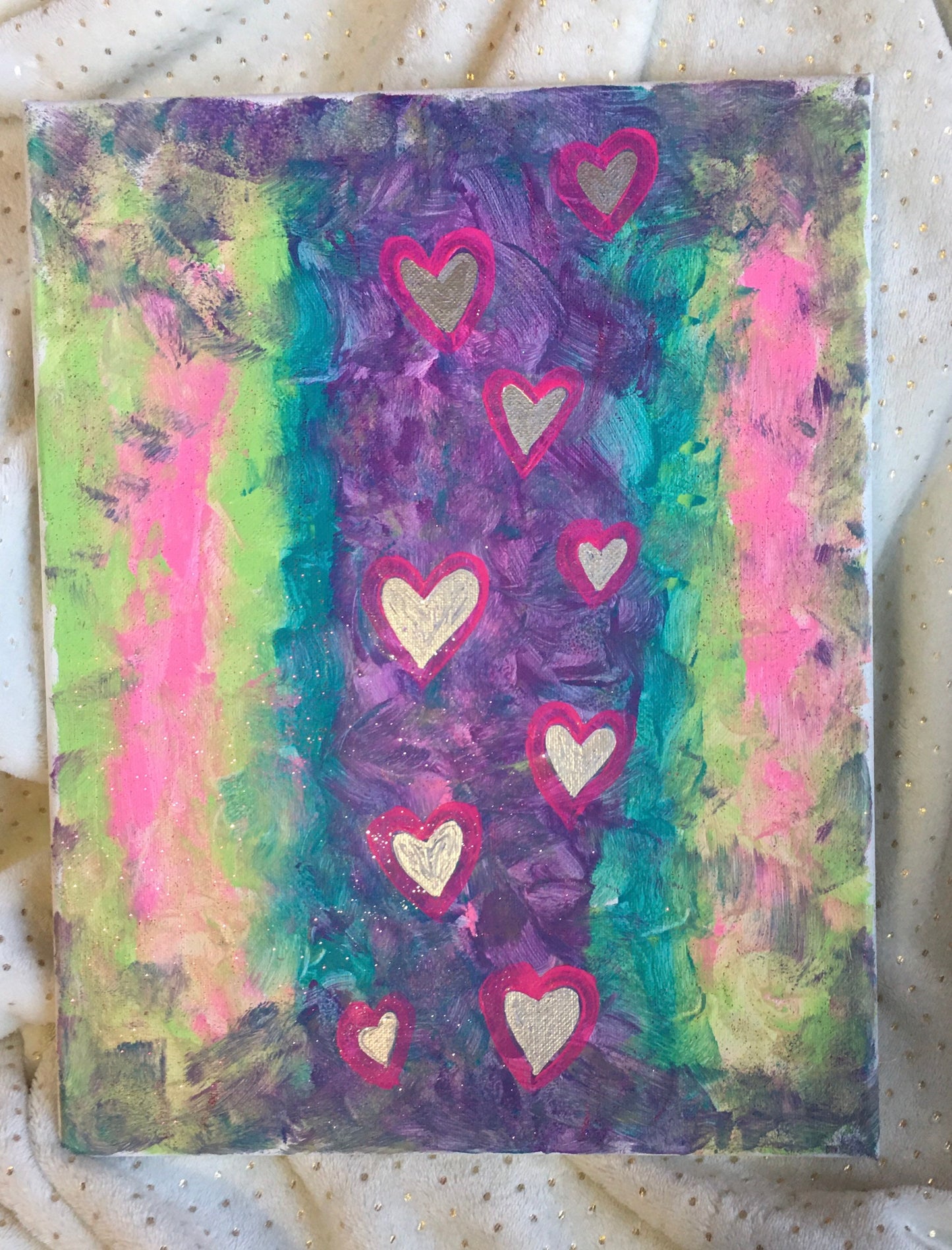 11x14 Wrapped Canvas Acrylic Painting, Rainbow Silver Hearts Glitter Finish