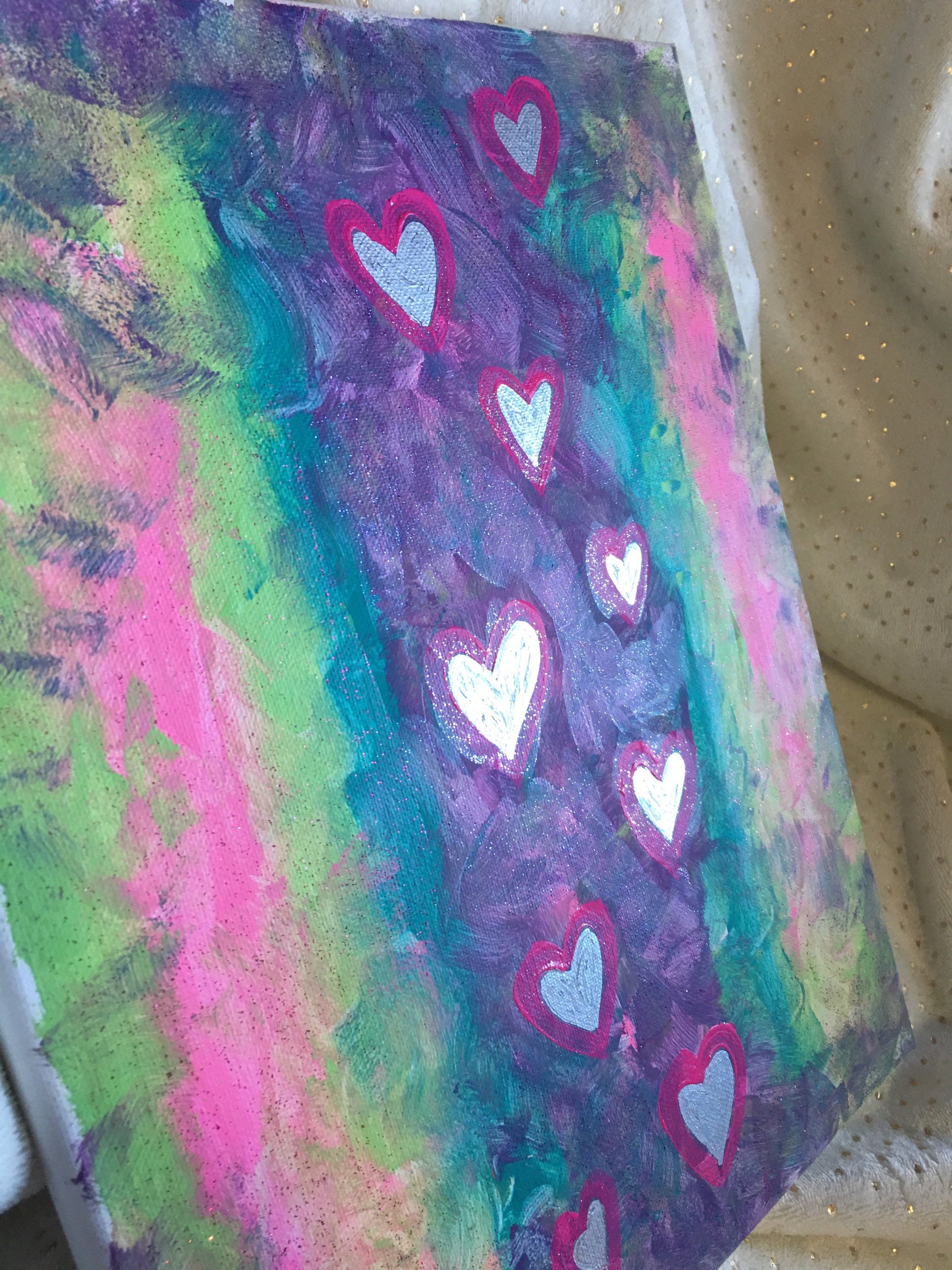 11x14 Wrapped Canvas Acrylic Painting, Rainbow Silver Hearts Glitter F –  E.E. Treasure Shop