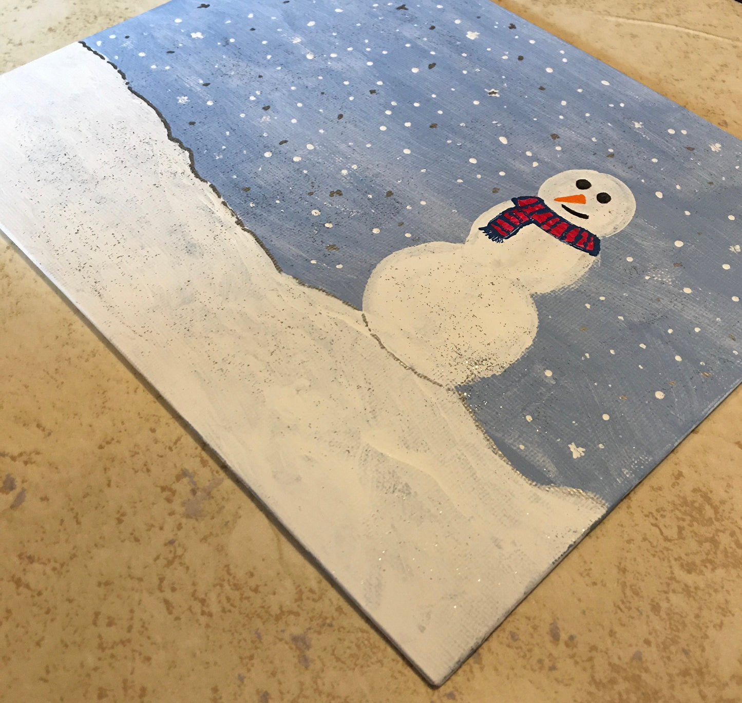 8x10 Canvas Board Acrylic Painting, Happy Snowman Glitter Finish