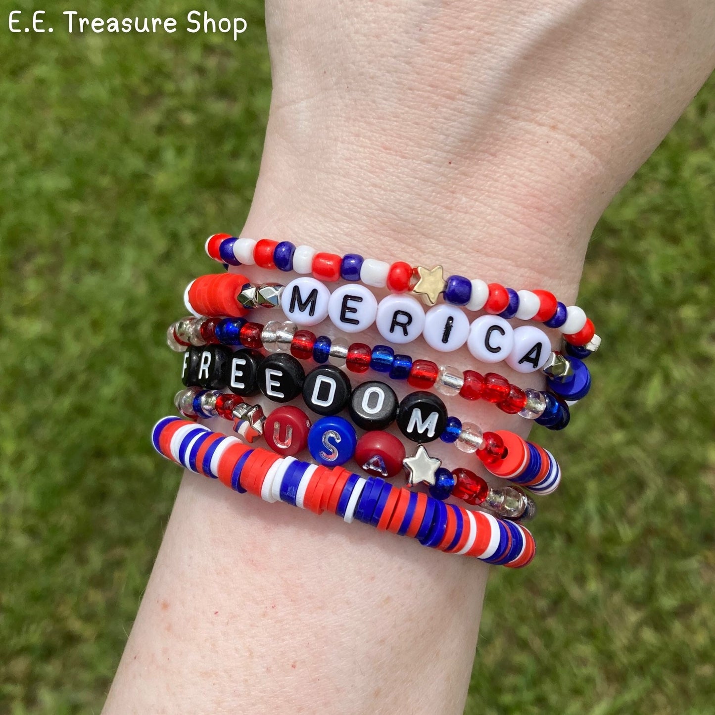 USA Patriotic Heishi and Seed Bead Bracelet Set