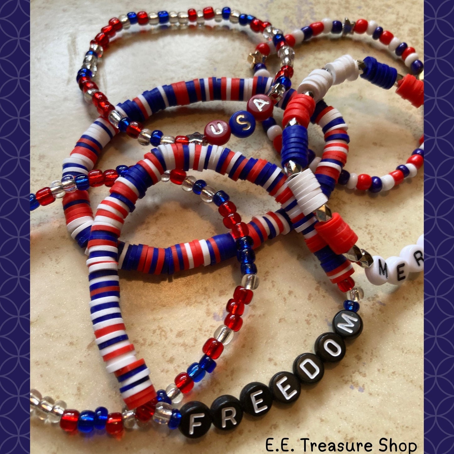 USA Patriotic Heishi and Seed Bead Bracelet Set